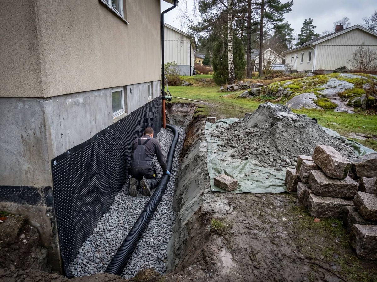 Schakt längs en husgrund med nytt dräneringsrör och fuktskydd