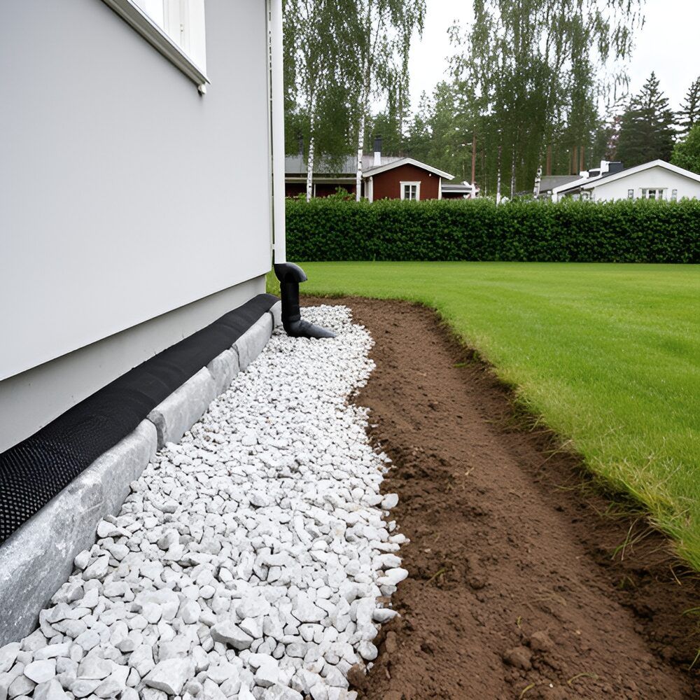 Schakt längs en husgrund med nytt dräneringsrör och fuktskydd