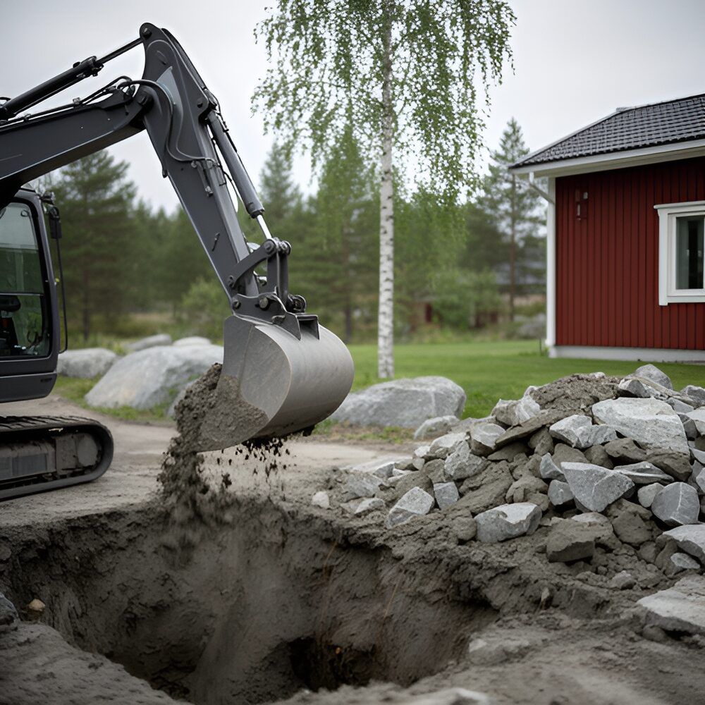 Schakt längs en husgrund med nytt dräneringsrör och fuktskydd