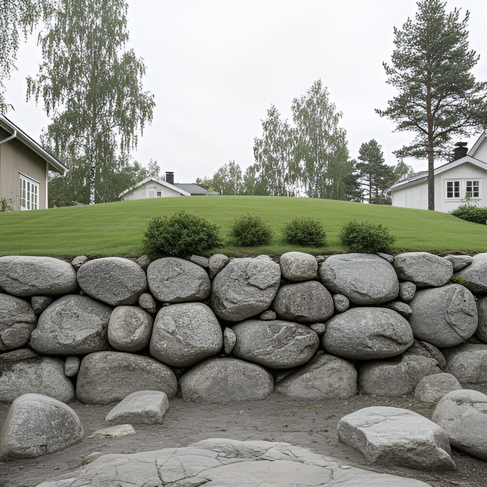 Stödmur av stora natursten som håller upp en gräsmatta