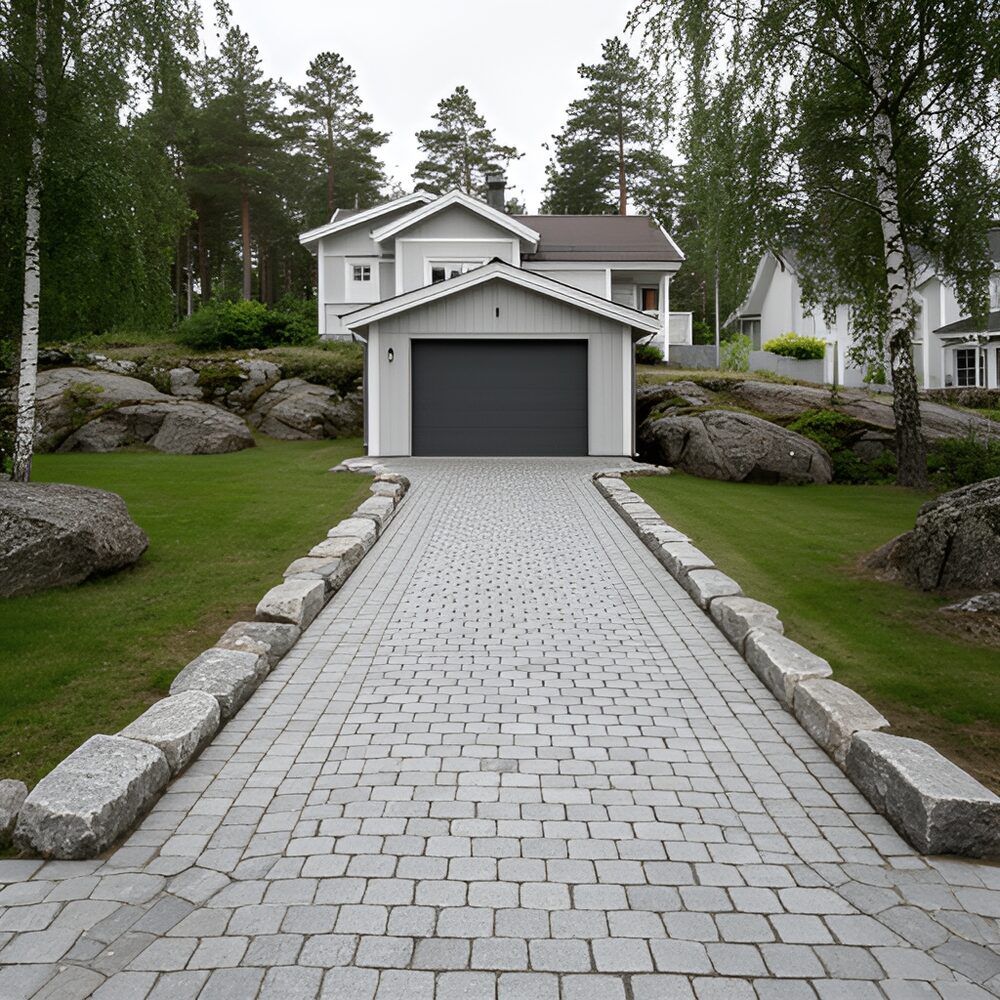 Uppfart i grå gatsten fram till ett garage
