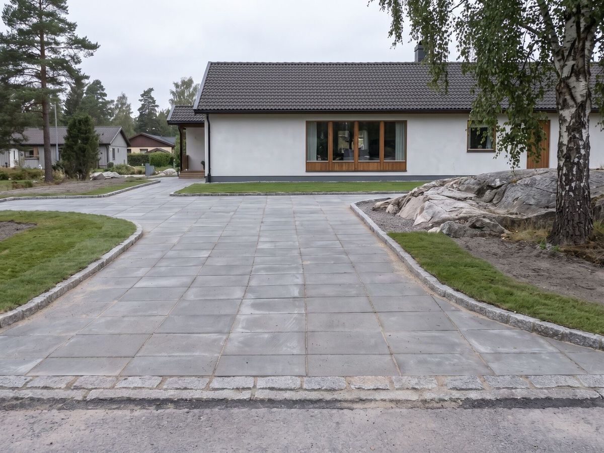 Nylagd uppfart i stora betongplattor med kantsten framför en vit villa