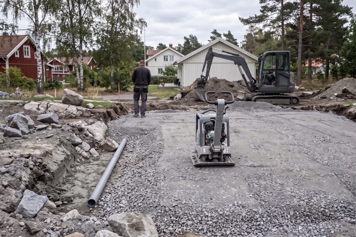 Packat grusunderlag och schakt för VA på en villatomt