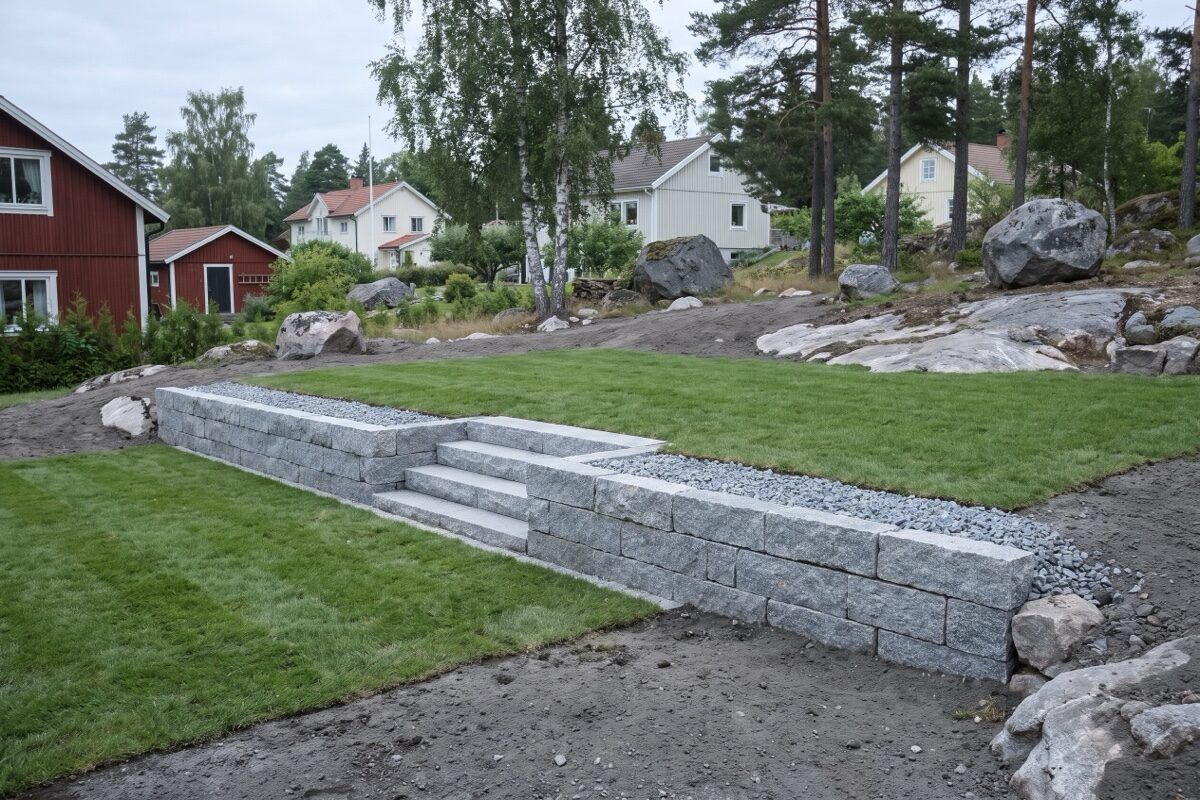 Stödmur och trappa i grå granit i en sluttande trädgård