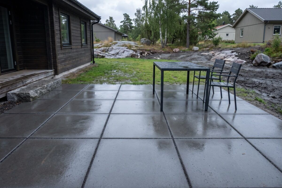 Uteplats i stora mörkgrå betongplattor bakom en villa