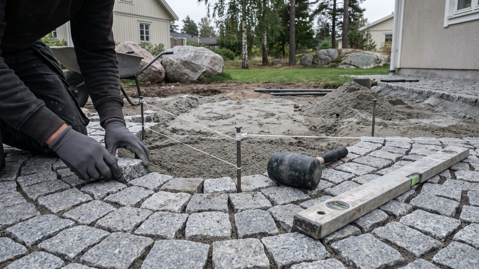 Händer som lägger gatsten i solfjädersmönster på en uppfart