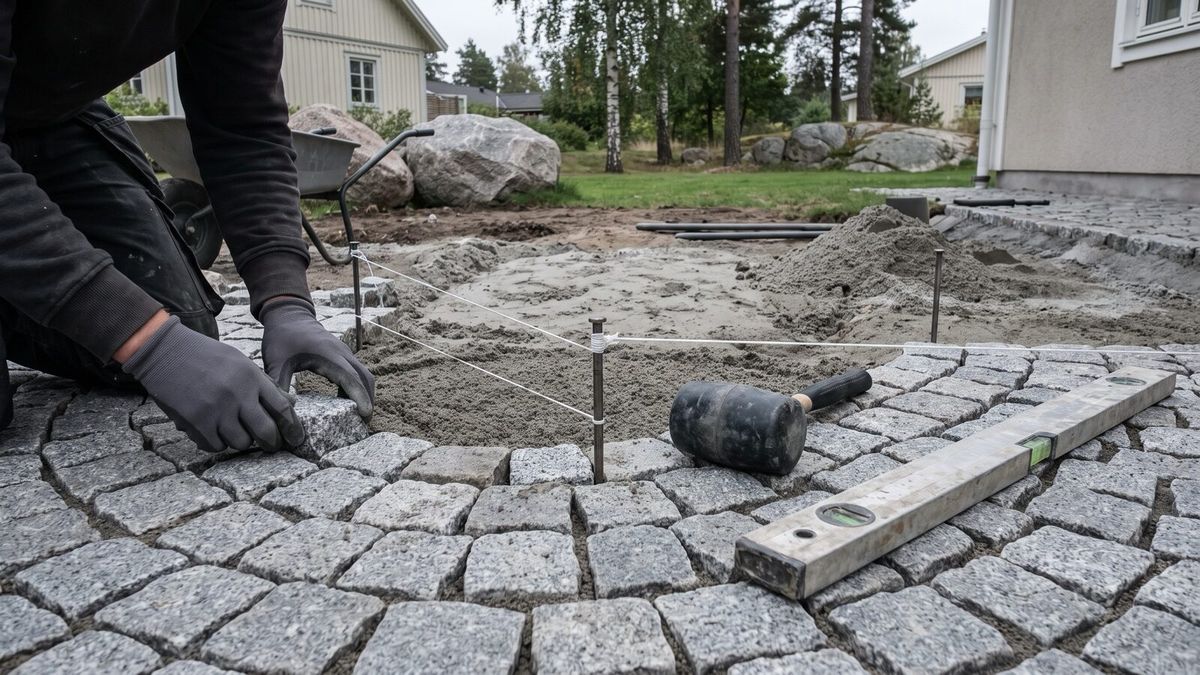 Händer som lägger gatsten i solfjädersmönster på en uppfart